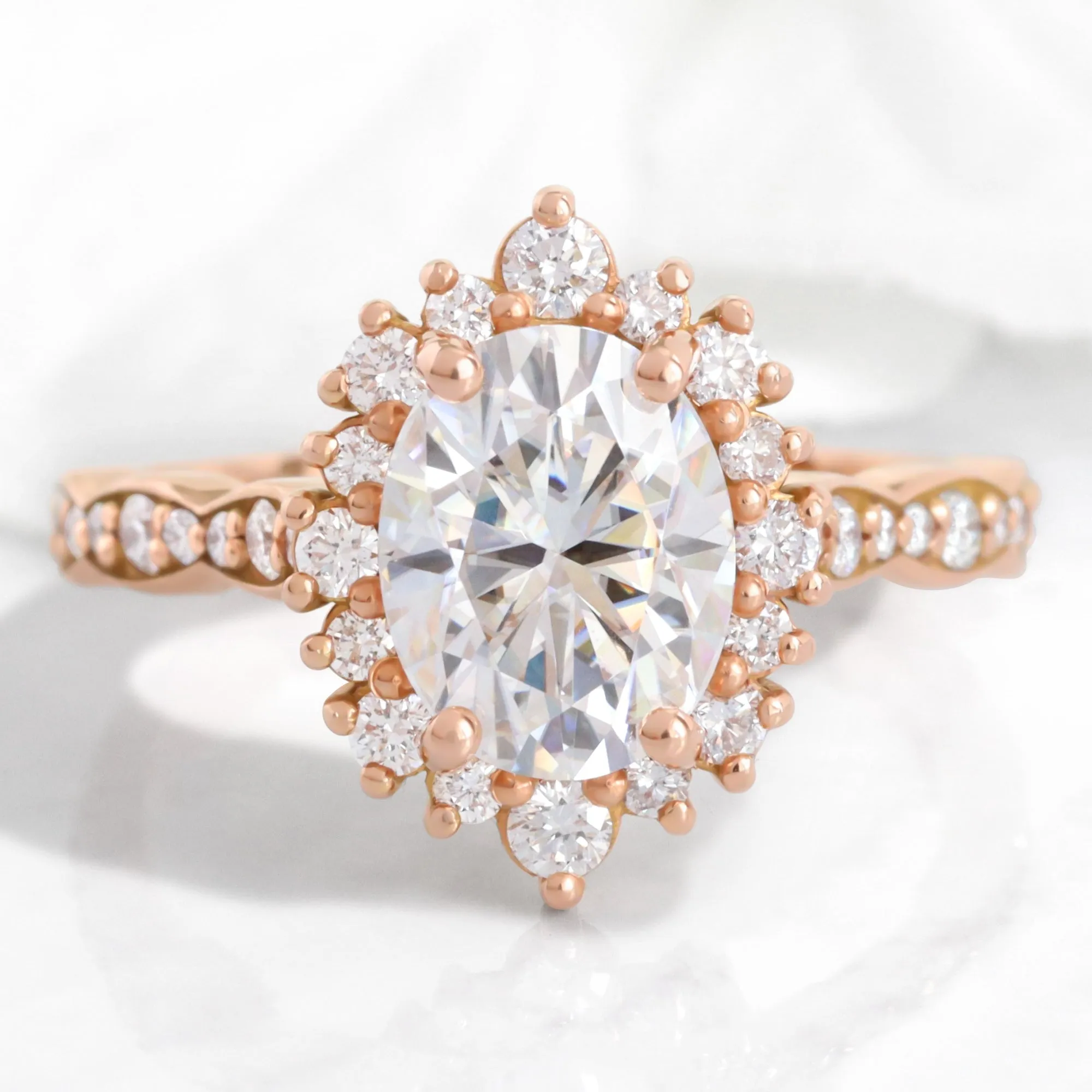 Large Oval Moissanite Ring in Tiara Halo Diamond Scalloped Band