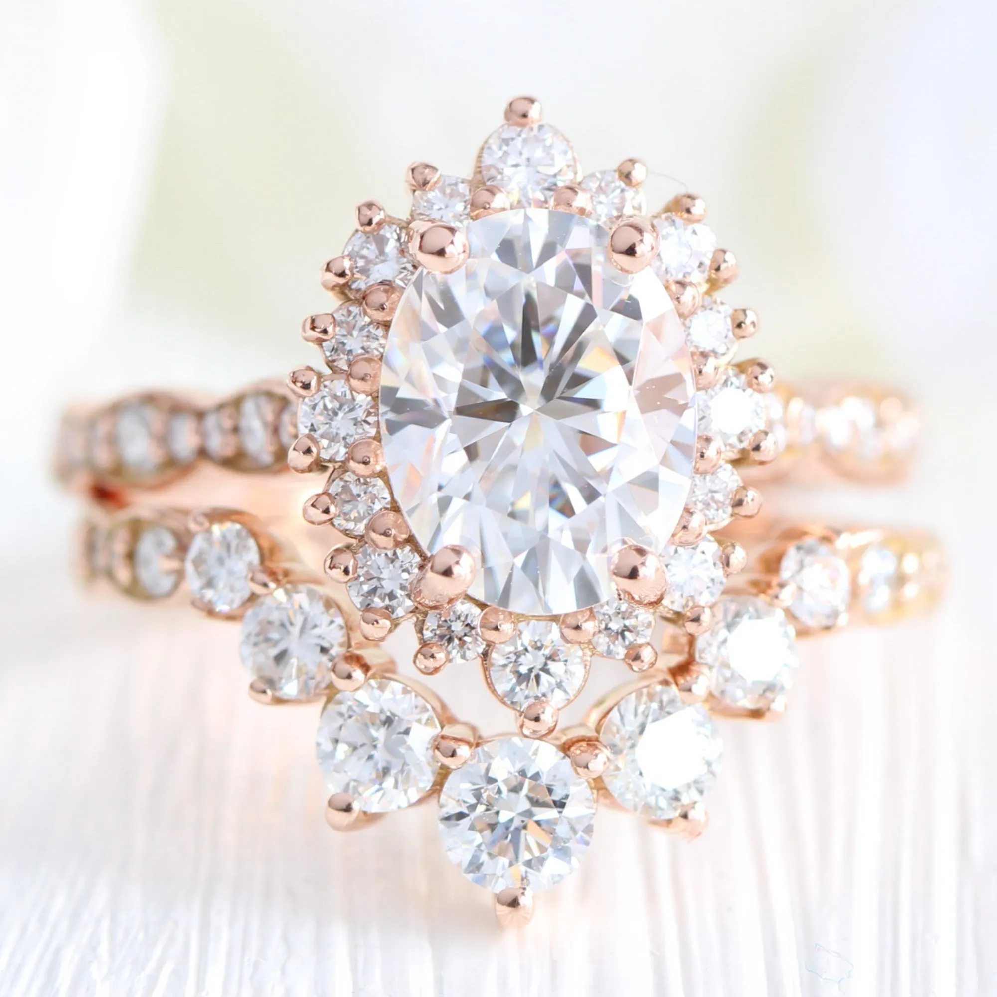 Large Oval Moissanite Ring in Tiara Halo Diamond Scalloped Band