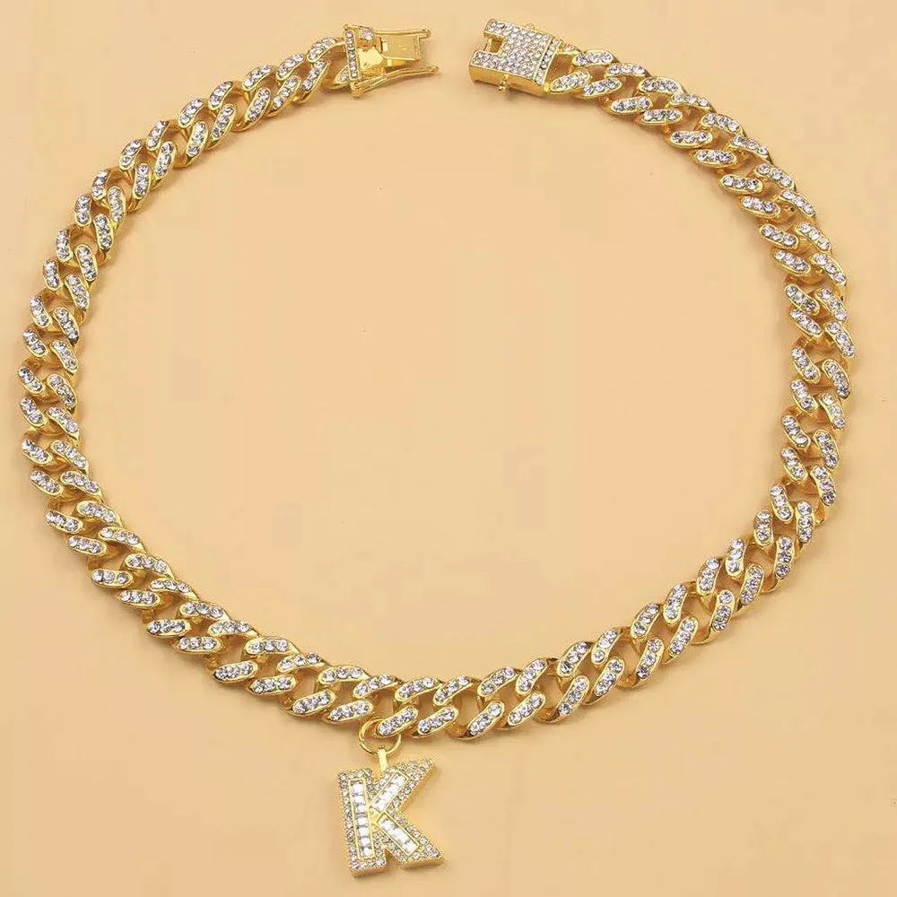 Luxury hip hop celeb bling diamond rhinestone  name initial choker necklace