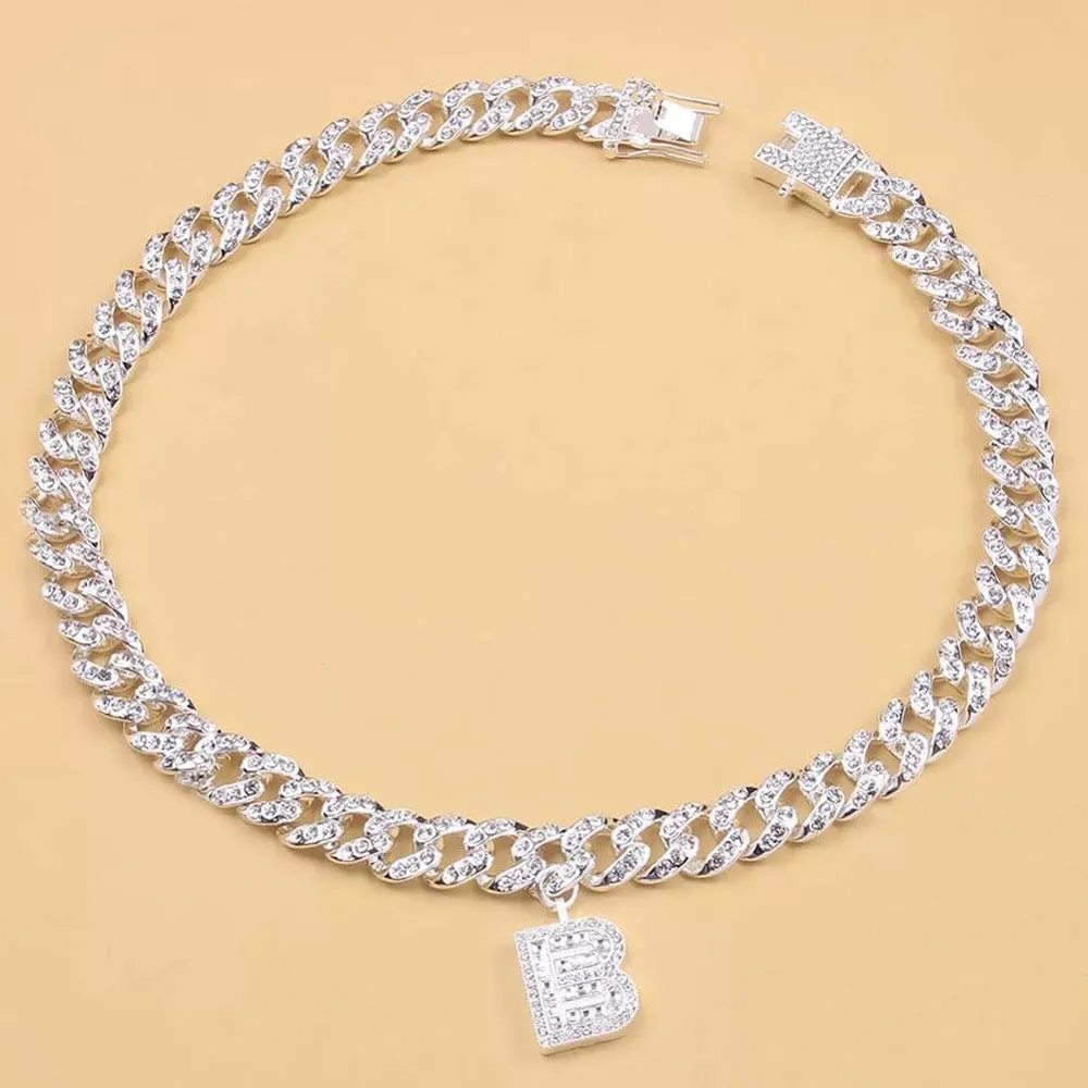 Luxury hip hop celeb bling diamond rhinestone  name initial choker necklace