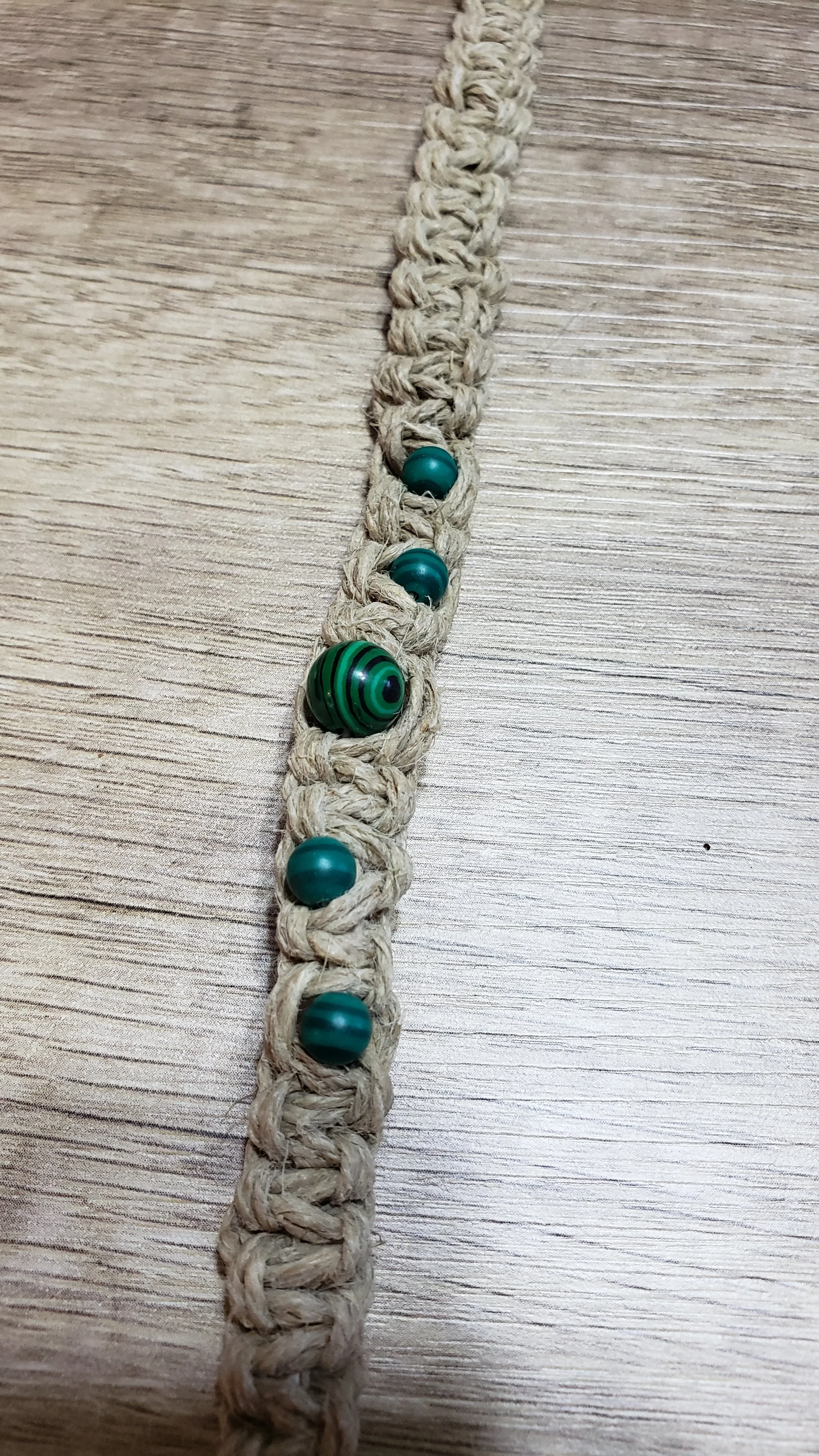 Natural Hemp & Malachite Bead Men's 16 1/2" Choker with Carved Bone Closure