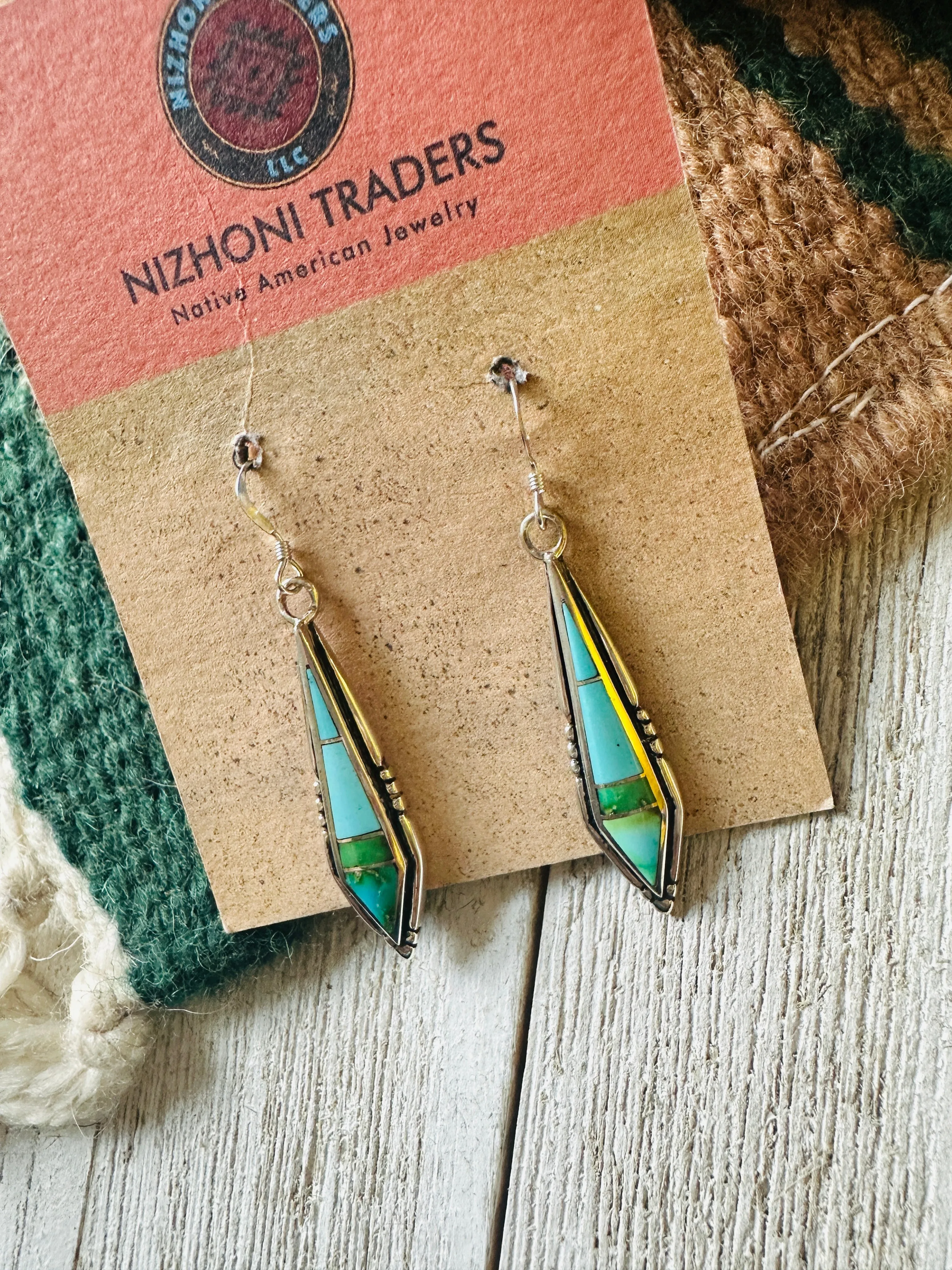 Navajo Sonoran Mountain Turquoise And Sterling Silver Inlay Dangle Earrings