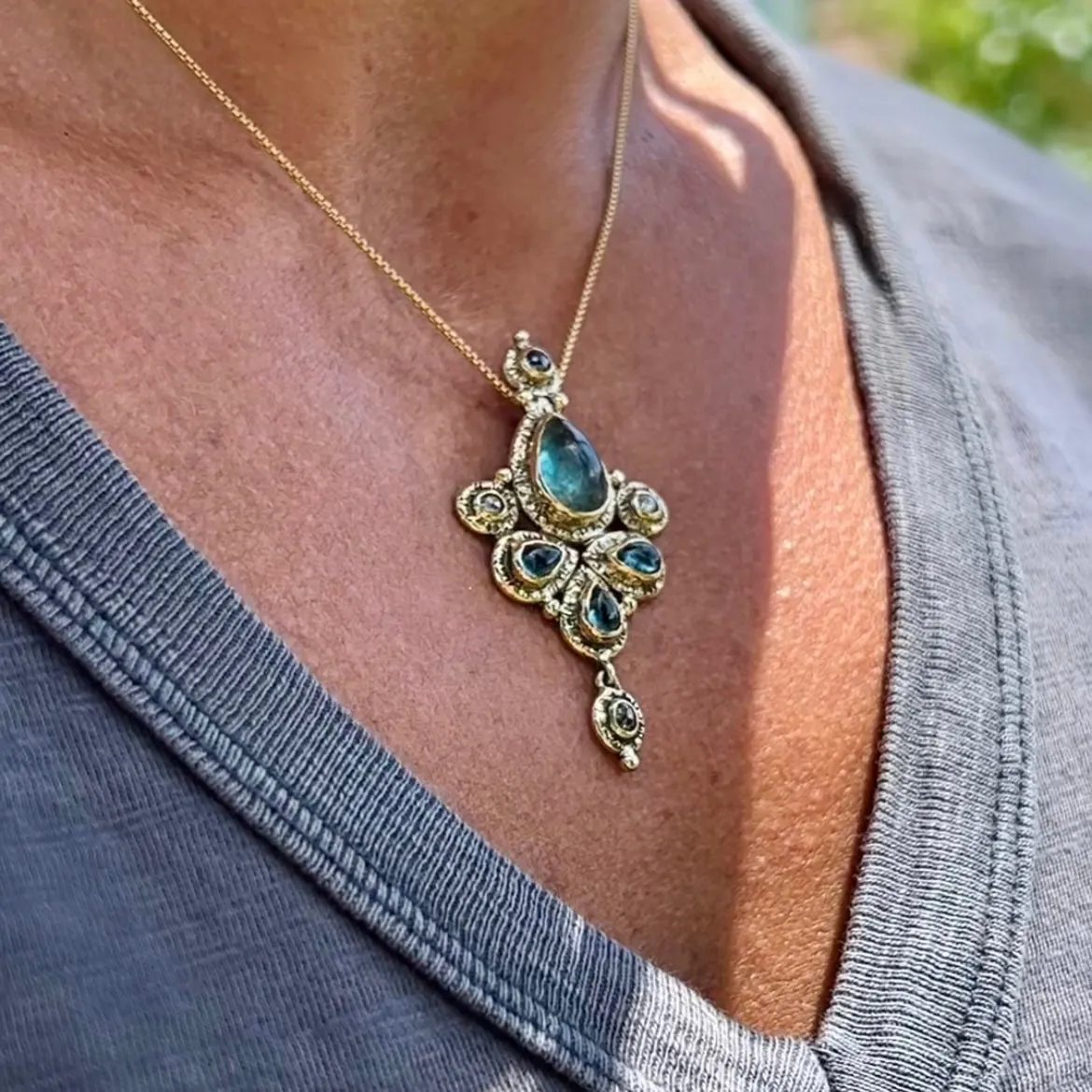 RESERVED Aquamarine and Salt & Pepper Diamond 14k Gold Necklace