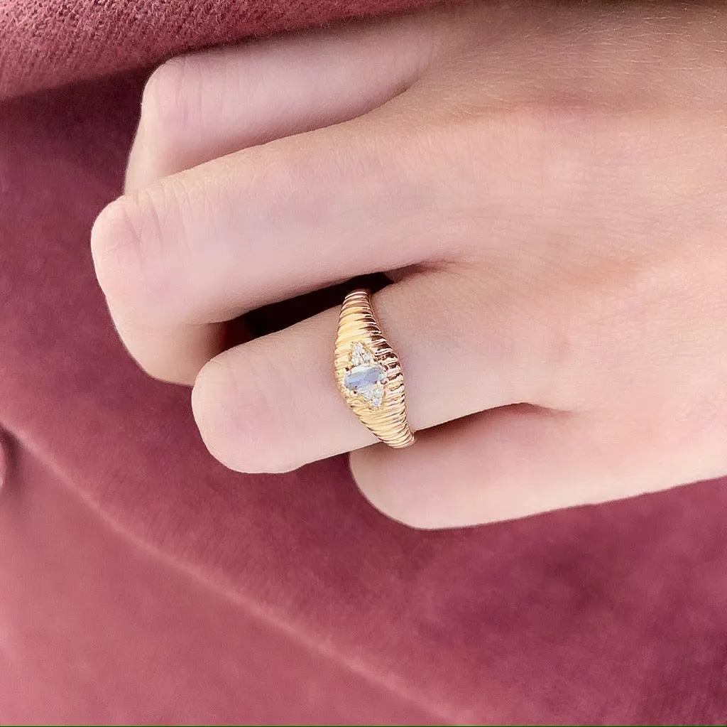 Ribbed Gold Band with Oval Rose Cut Center Stone