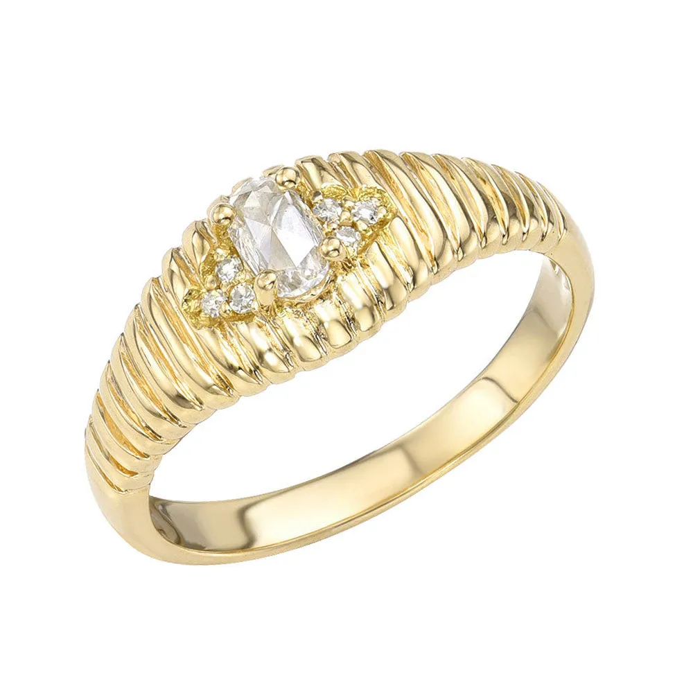Ribbed Gold Band with Oval Rose Cut Center Stone