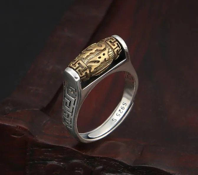 Sterling Silver Tibetan 6 SYLLABLE MANTRA Spinning Prayer Wheel Ring