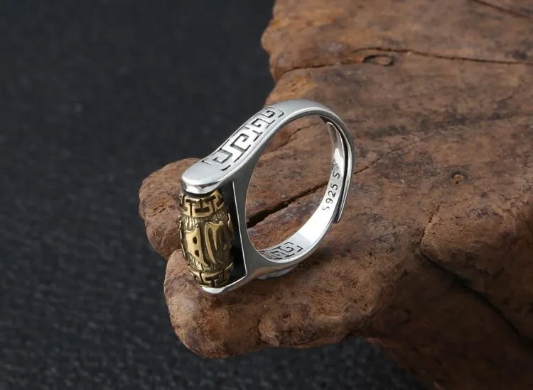 Sterling Silver Tibetan 6 SYLLABLE MANTRA Spinning Prayer Wheel Ring