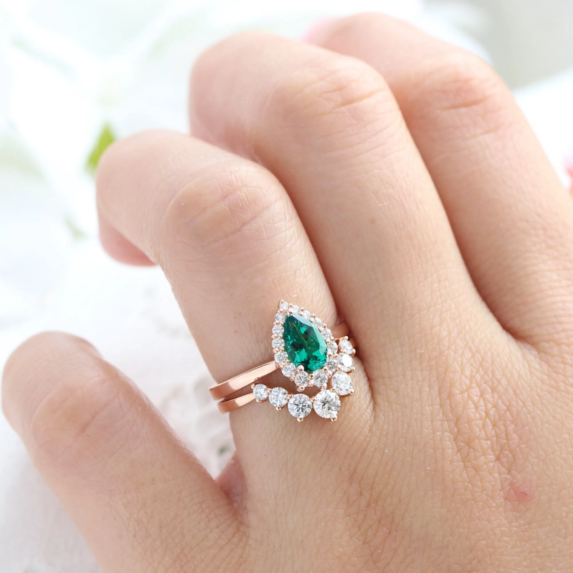 Tiara Halo Pear Ring Bridal Set w/ Emerald and Large 7 Diamond U Band