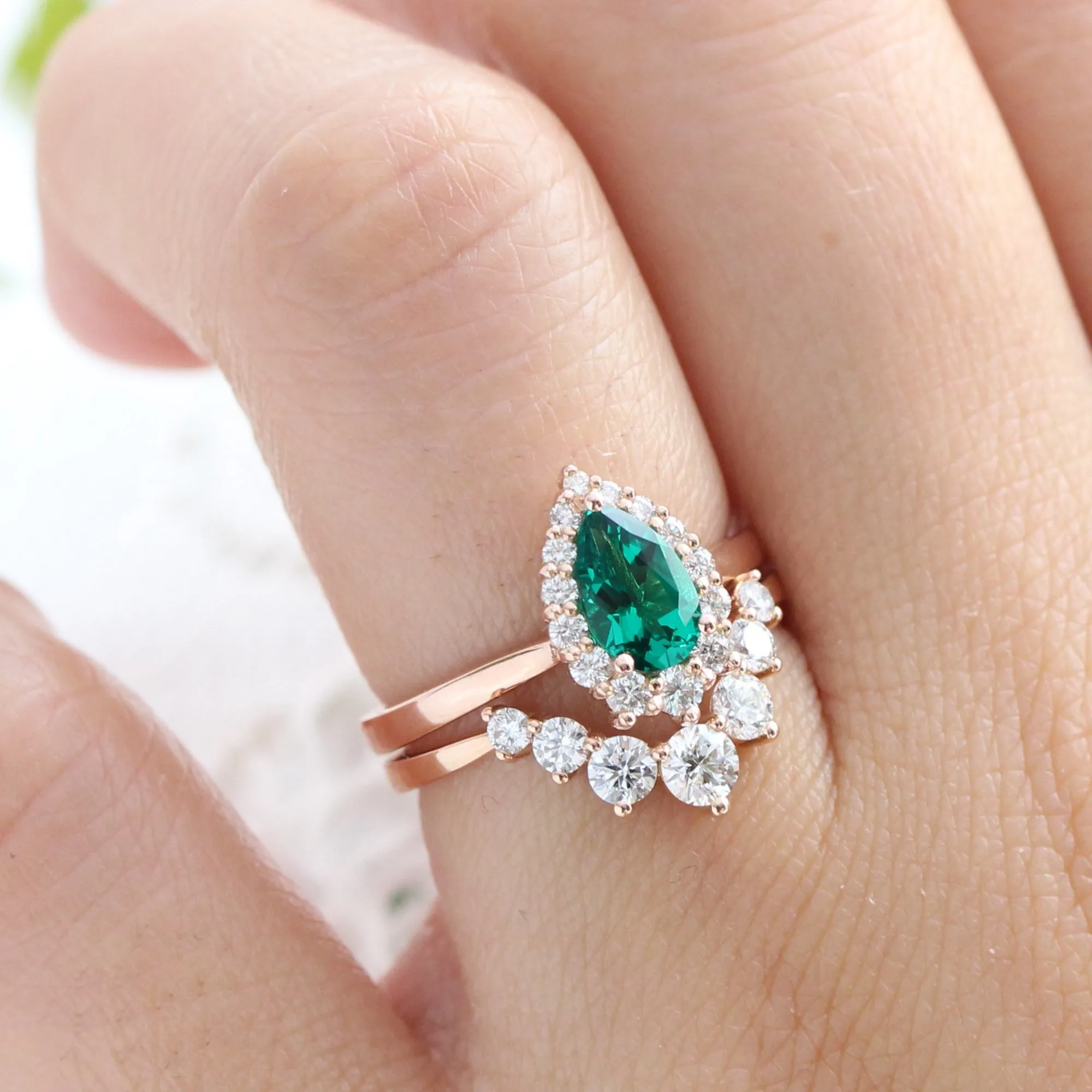 Tiara Halo Pear Ring Bridal Set w/ Emerald and Large 7 Diamond U Band