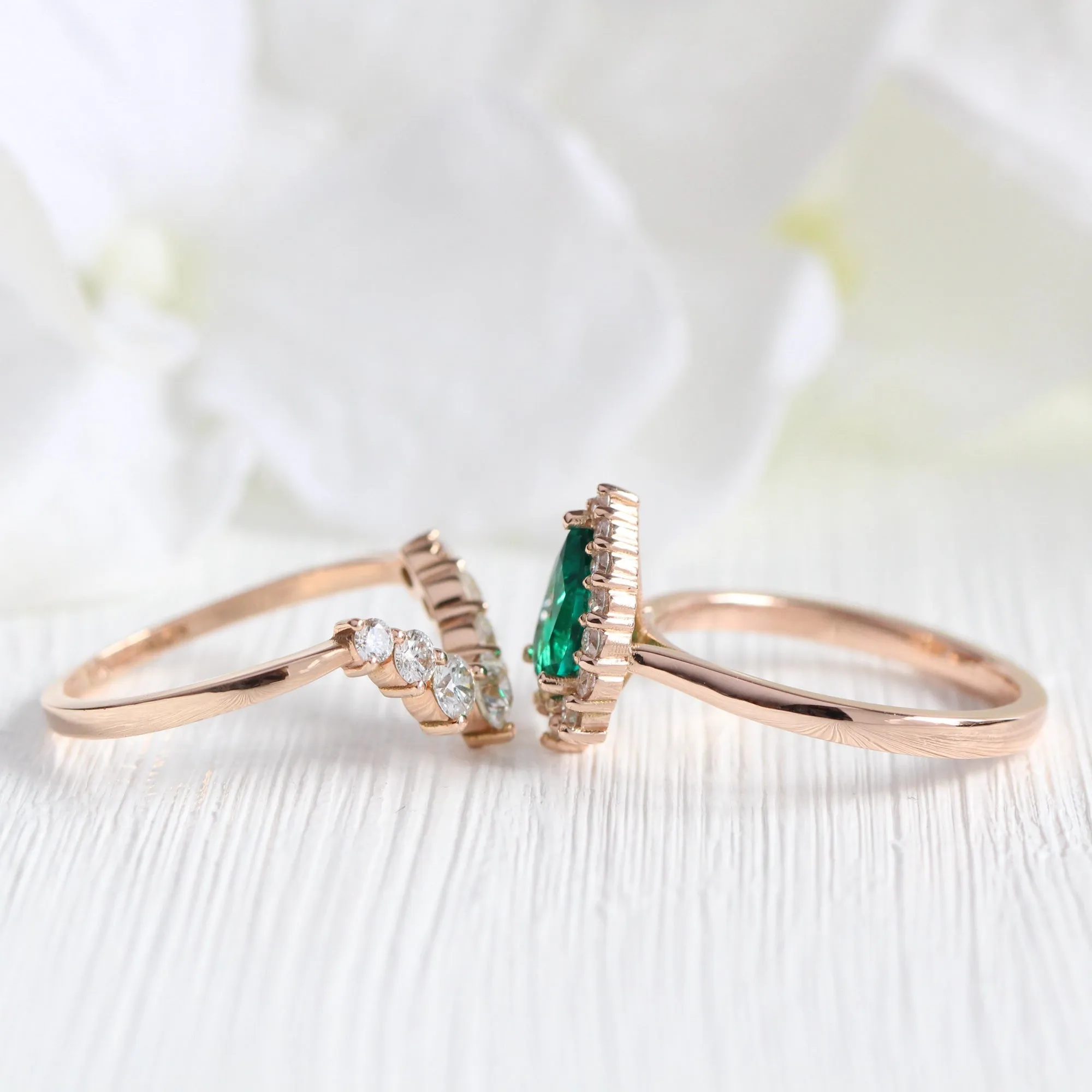 Tiara Halo Pear Ring Bridal Set w/ Emerald and Large 7 Diamond U Band
