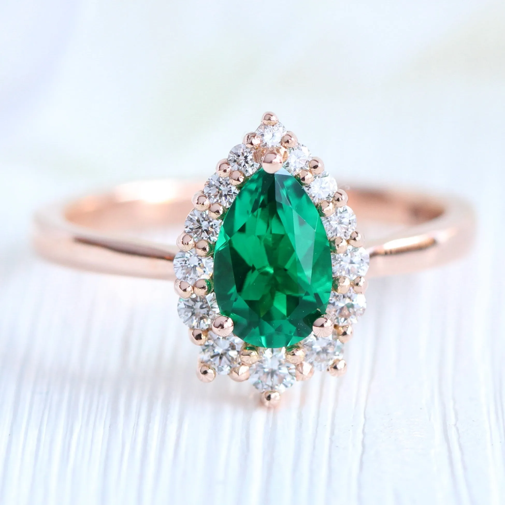 Tiara Halo Pear Ring Bridal Set w/ Emerald and Large 7 Diamond U Band