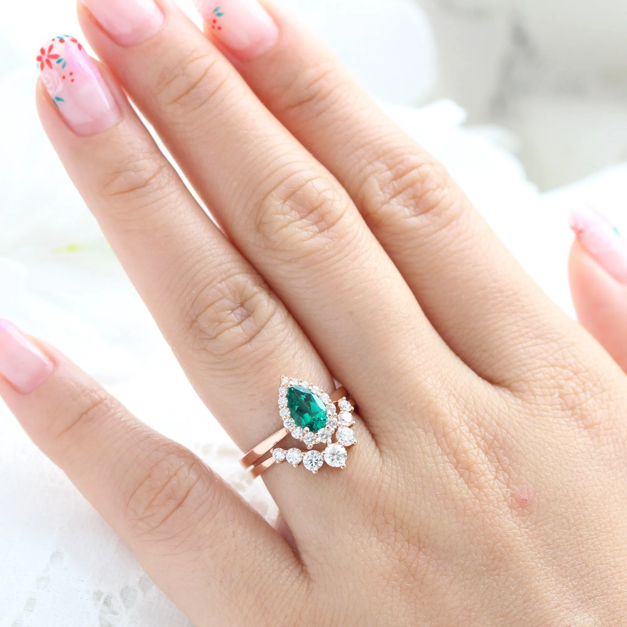 Tiara Halo Pear Ring Bridal Set w/ Emerald and Large 7 Diamond U Band