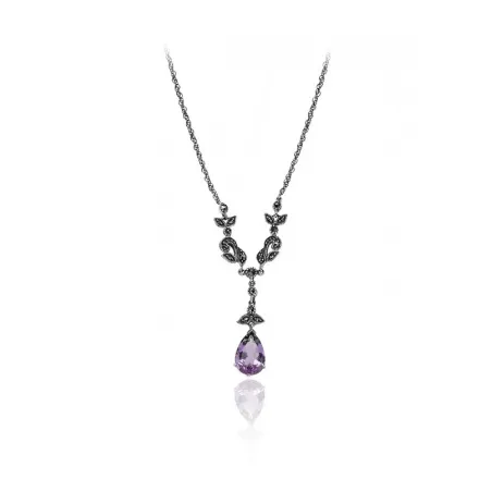Vintage Pear Gemstone and Marcasite Leaves Drop Necklace