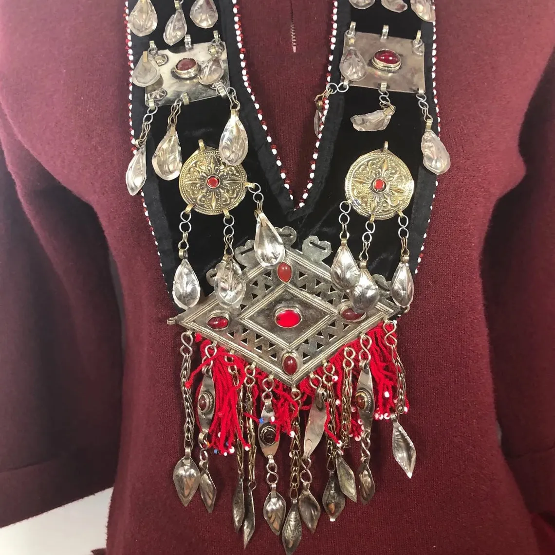 Vintage Turkmen Necklace With Tassels and Glass Stones