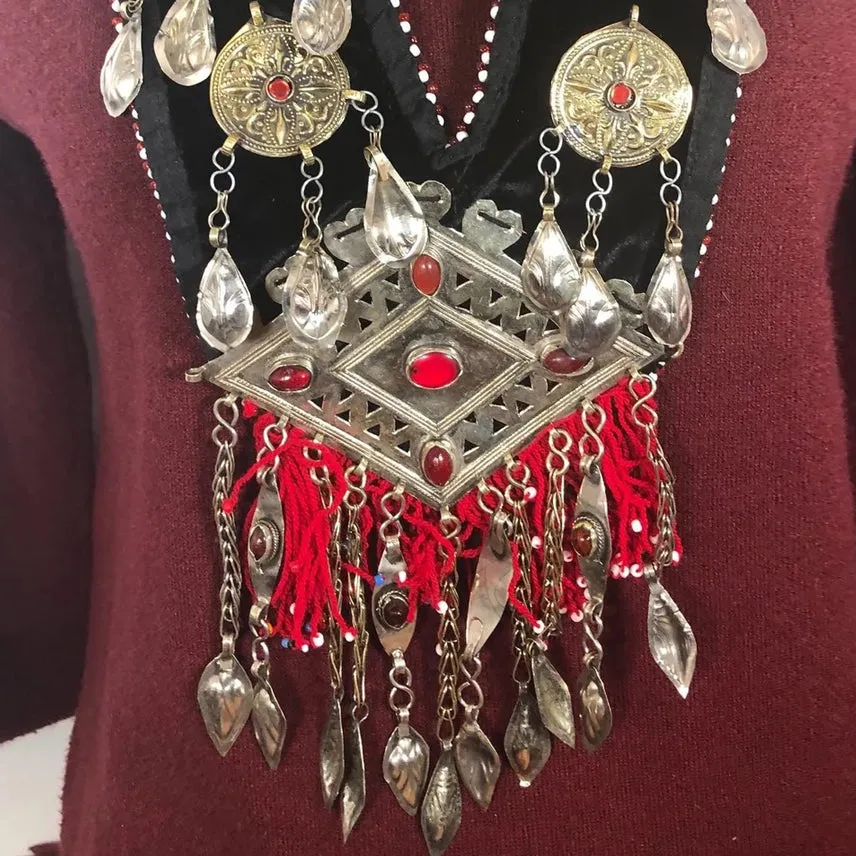 Vintage Turkmen Necklace With Tassels and Glass Stones