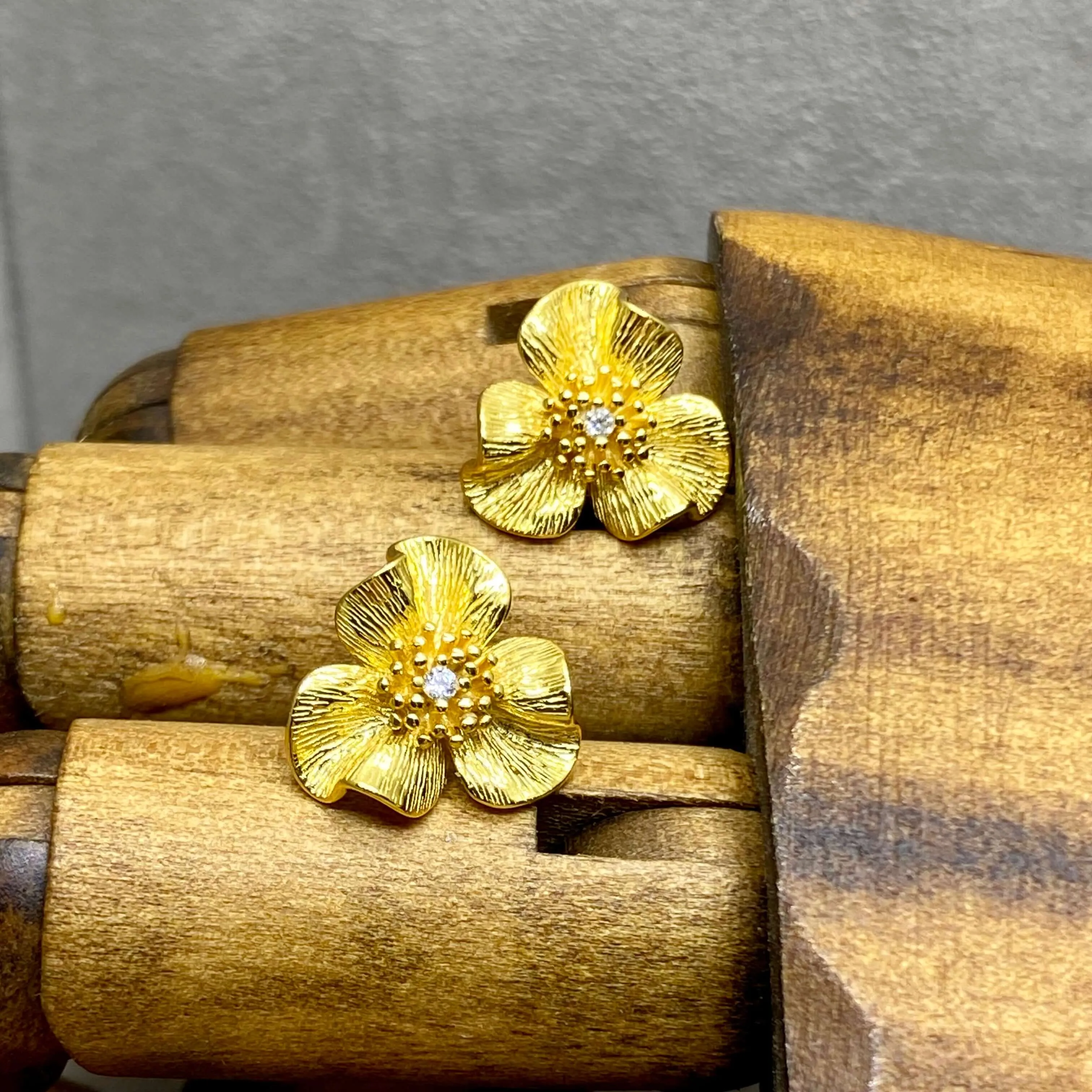 Viola Flower Stud Earrings In 18 Carat Gold Vermeil